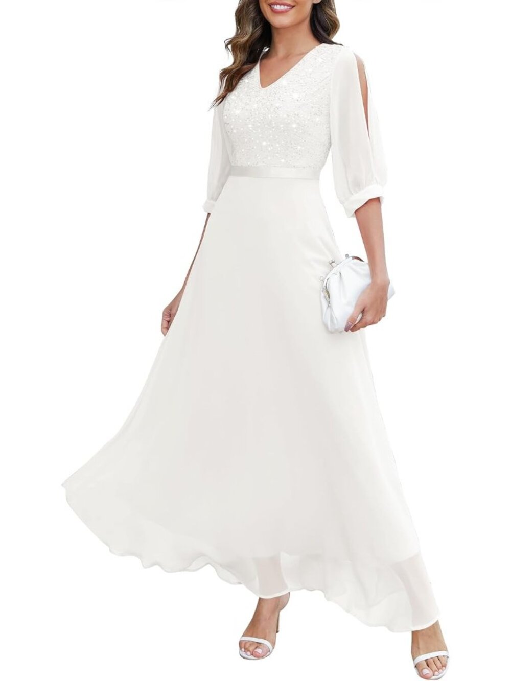 Women's White Sequin Sparkly Glitter Split Sleeves Formal Bodycon Maxi Dress